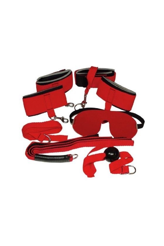 Kit bondage composto da costrittori per polsi e caviglie uniti tra loro, flogger, mascherina e gag ball