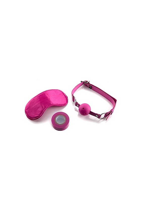 Kit bondage di colore rosa con gag ball, mascherina e nastro adesivo BDSM