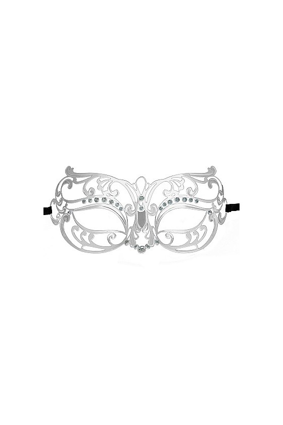 Mascherina carnevalesca e sexy in plastica di colore argento con brillantini e regolabile tramite allaccio con filo