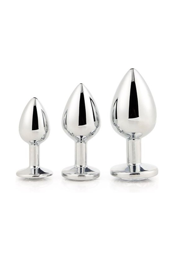Kit di 3 plug anali in alluminio dalle dimensioni graduali color argento con gemma