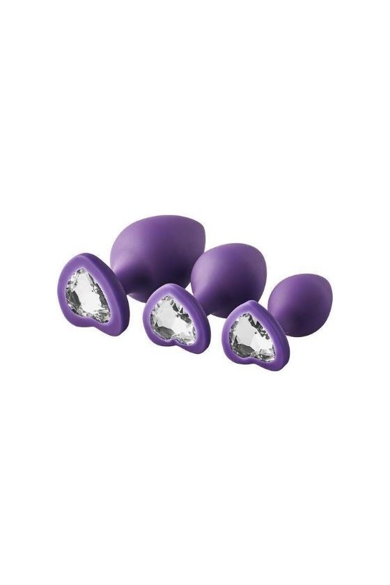 Kit di 3 plug anali in silicone dimensioni graduali di colore viola con gemma a forma di cuore