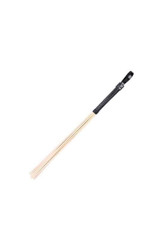 Frusta con 8 singoli pezzi di legno uniti alla base, manico in ecopelle di colore nero, 60 cm