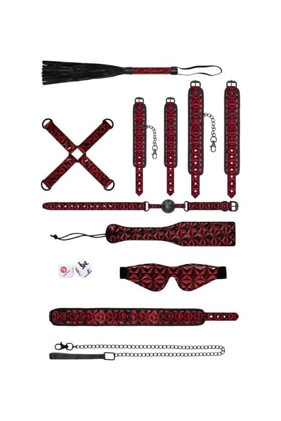 Kit bondage con flogger, puddle, gag ball, collare con guinzaglio, costrittori polsi e caviglie, mascherina di colore marrone co