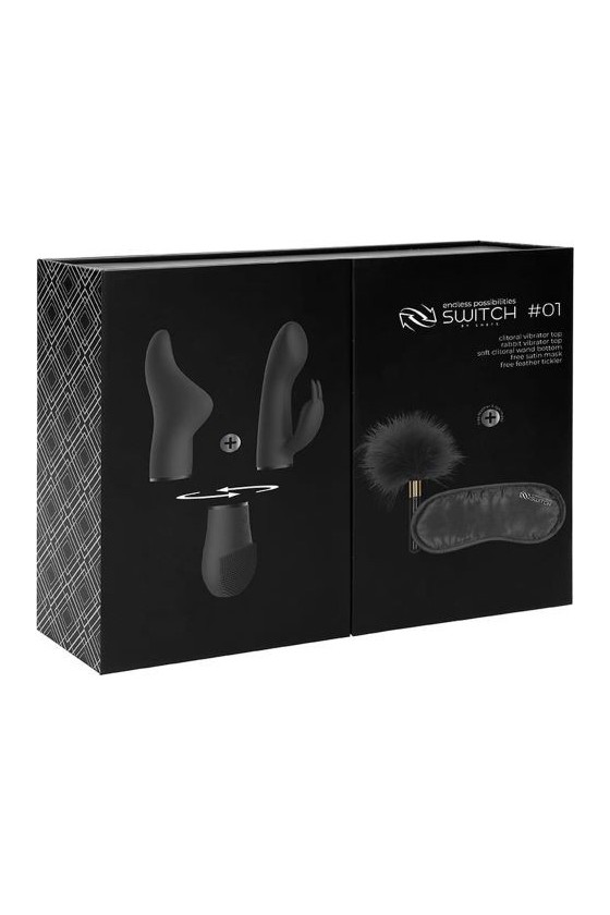 Kit di vibratori componibili in silicone di colore nero con mascherina e piuma