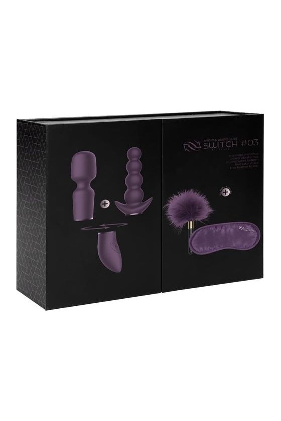 Kit di vibratori componibili in silicone di colore viola con mascherina e piuma