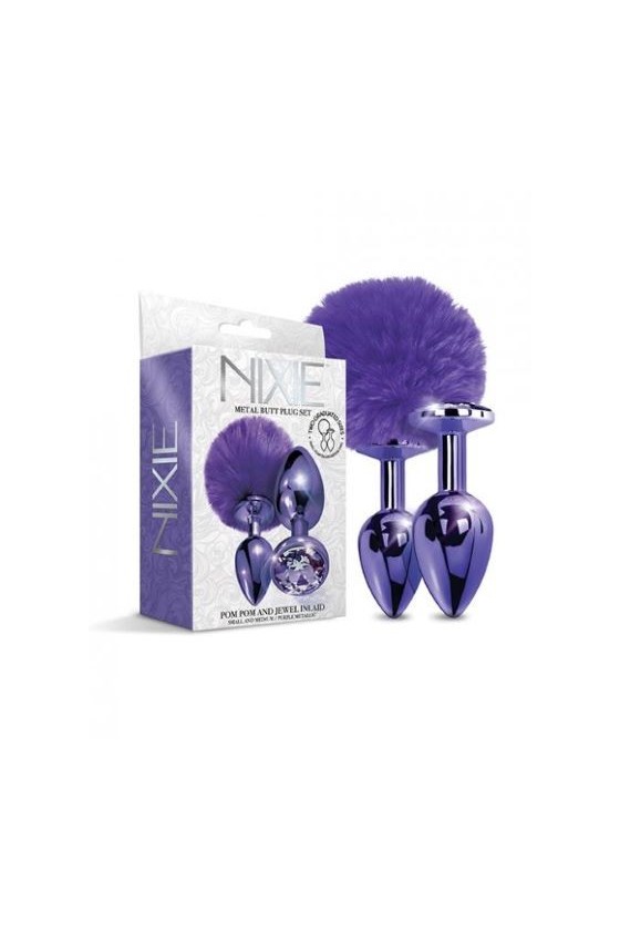 Kit di 2 plug anali in alluminio di colore viola, uno con gemma di medie dimensioni, l'altro con ponpon di piccole dimensioni