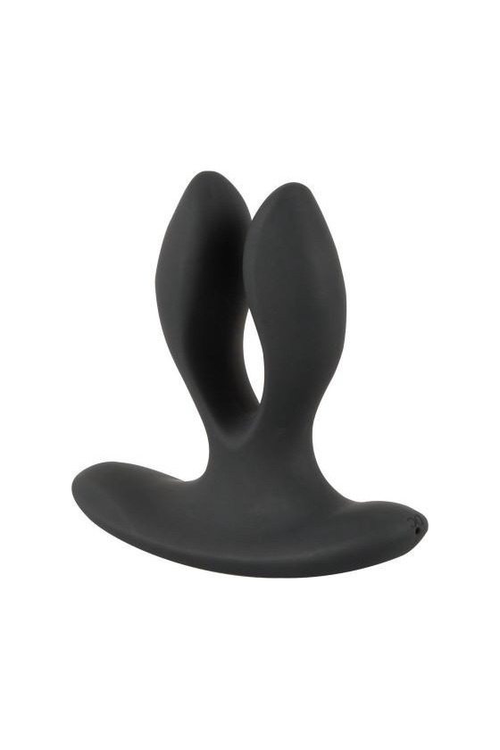 Plug anale vibrante in silicone con due protuberanze che si espandono con telecomando a distanza di colore nero