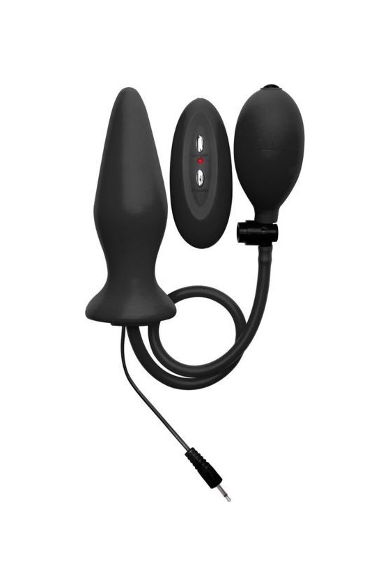 Plug anale gonfiabile e vibrante in silicone di colore nero con telecomando a filo e pompetta a mano
