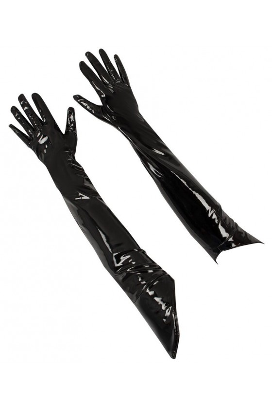 Guanti sexy lunghi oltre il gomito in vinile lucido di colore nero taglio squadrato geometrico BLACK LEVEL