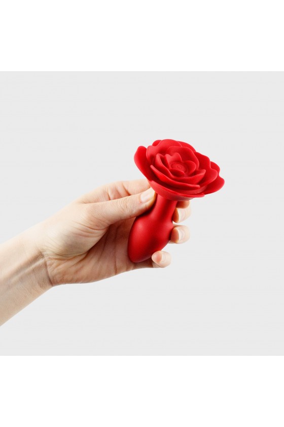 Plug anale vibrante e rotante in silicone taglia medio piccola di colore rosso con telecomando a distanza e base a forma di rosa