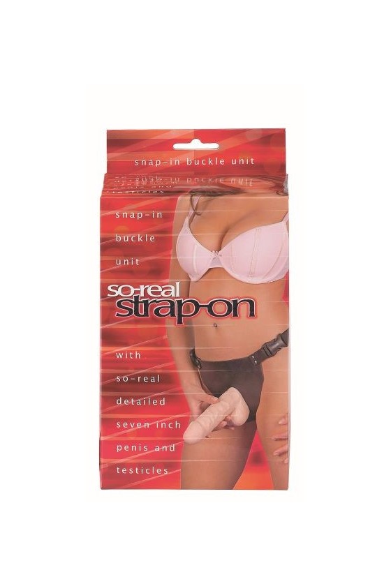 Cintura strap on regolabile con fallo esterno realistico con testicoli color carne 17,7 cm