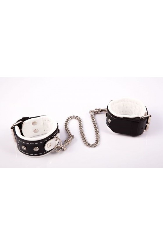 Costrittori polsi BDSM in vera pelle di colore nero e bianco con cinghia regolabile